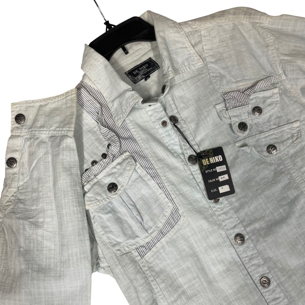 De Niko Mens Light Blue Crosshatch Button Up Shirt Studded Utility Size M Grunge